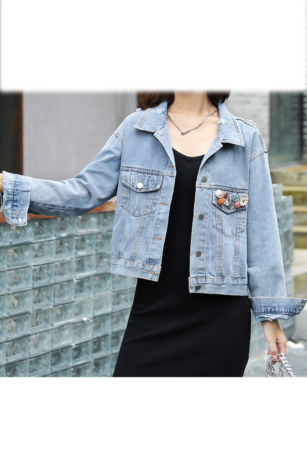 Women Long Sleeve Flower Decorated Collar Neck Button Closure Fabulous Breathable Denim Jacket