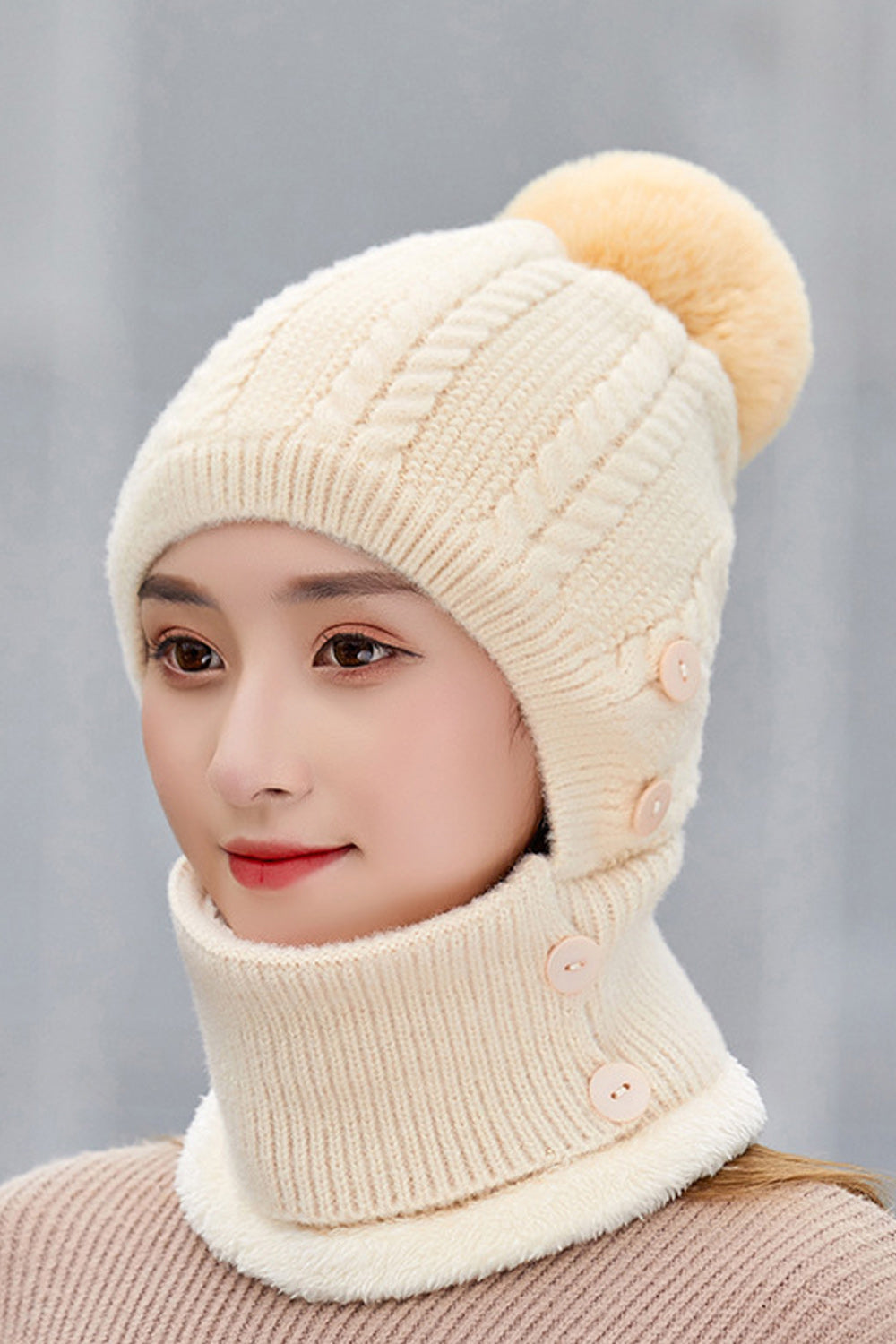Women Pretty Hair Ball Attached Cozy Winter Breathable Knitted Hat