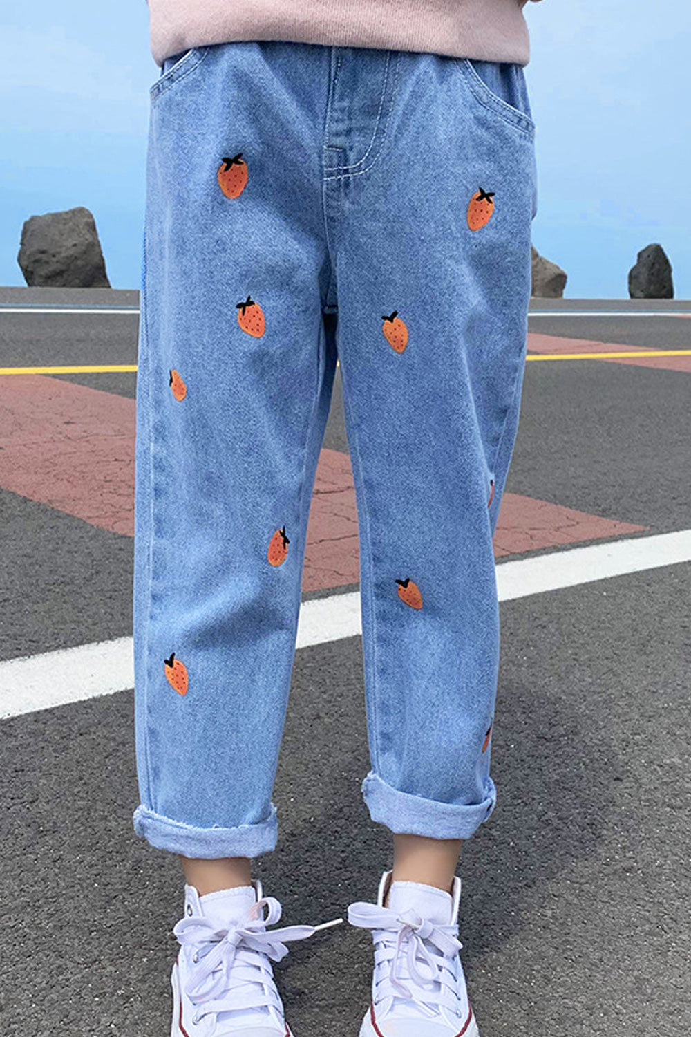 Kids Girls Belt Loop Easy Printed Pattern Cute Jeans
