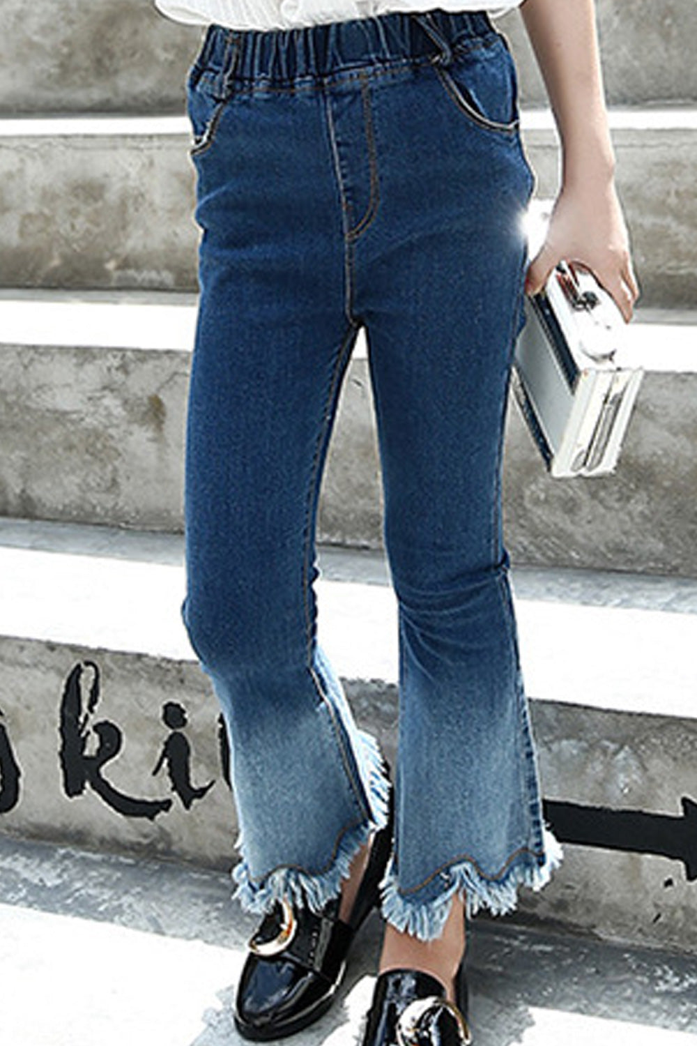 Kids Girls Slim Fit Double Shaded Elastic Waist Stretchy Jeans