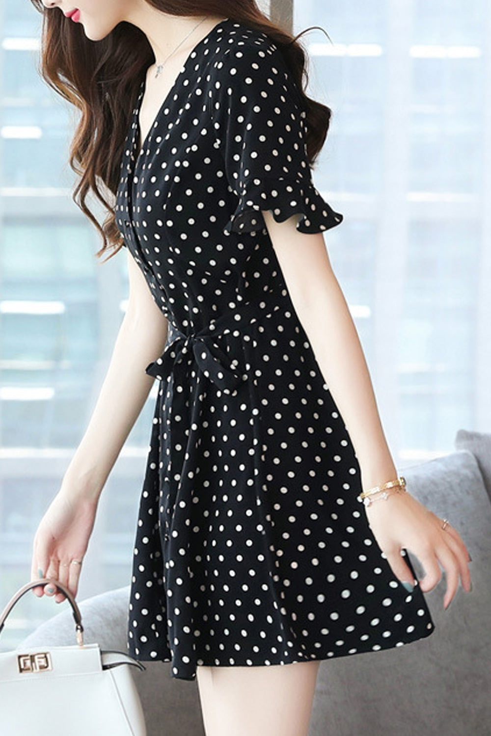 Women Wonderful Short Sleeve Breathable Polka Dotted V-Neck Outstanding Fashion Dress