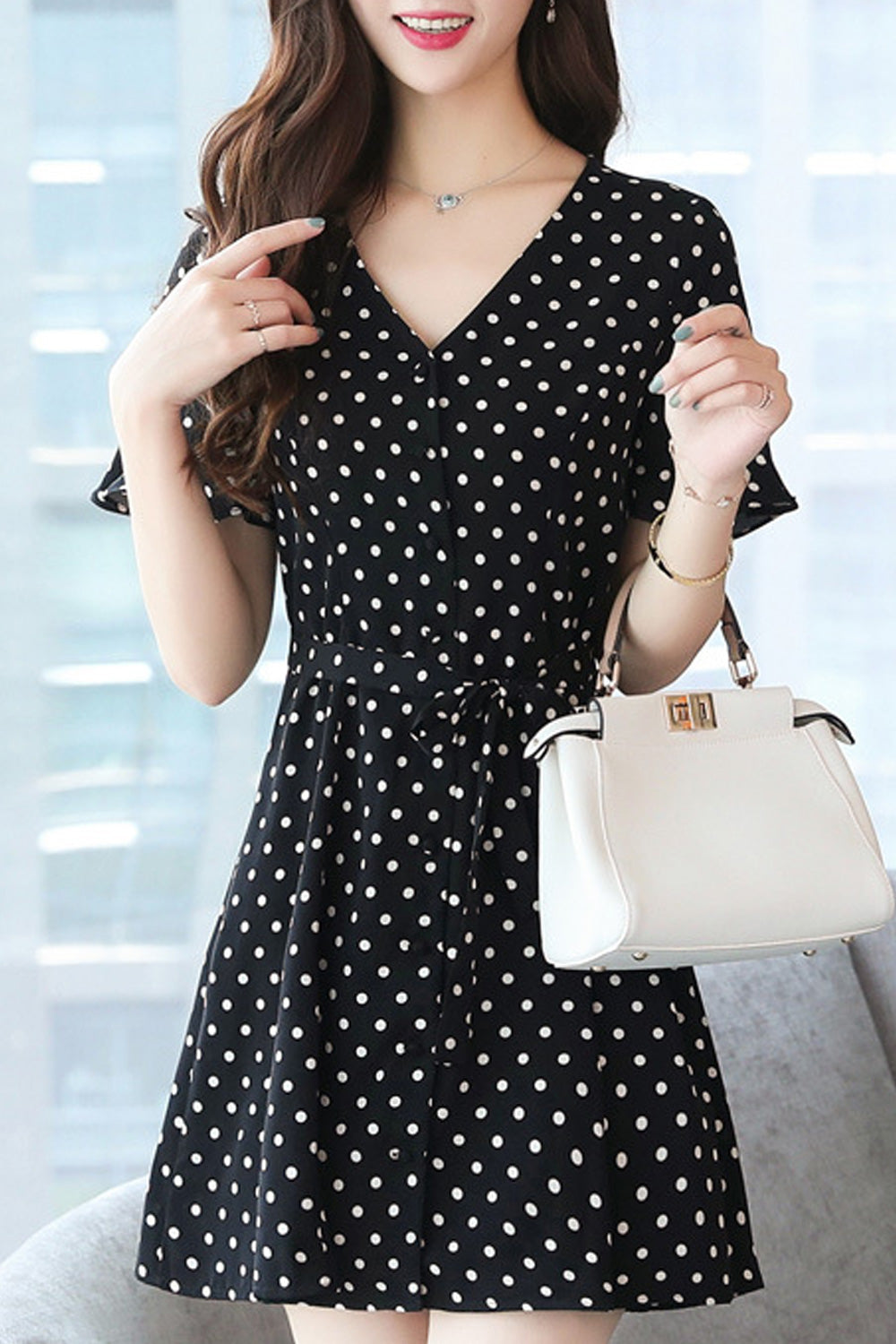 Women Wonderful Short Sleeve Breathable Polka Dotted V-Neck Outstanding Fashion Dress