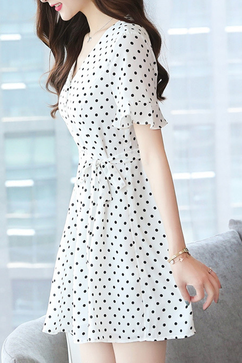 Women Wonderful Short Sleeve Breathable Polka Dotted V-Neck Outstanding Fashion Dress