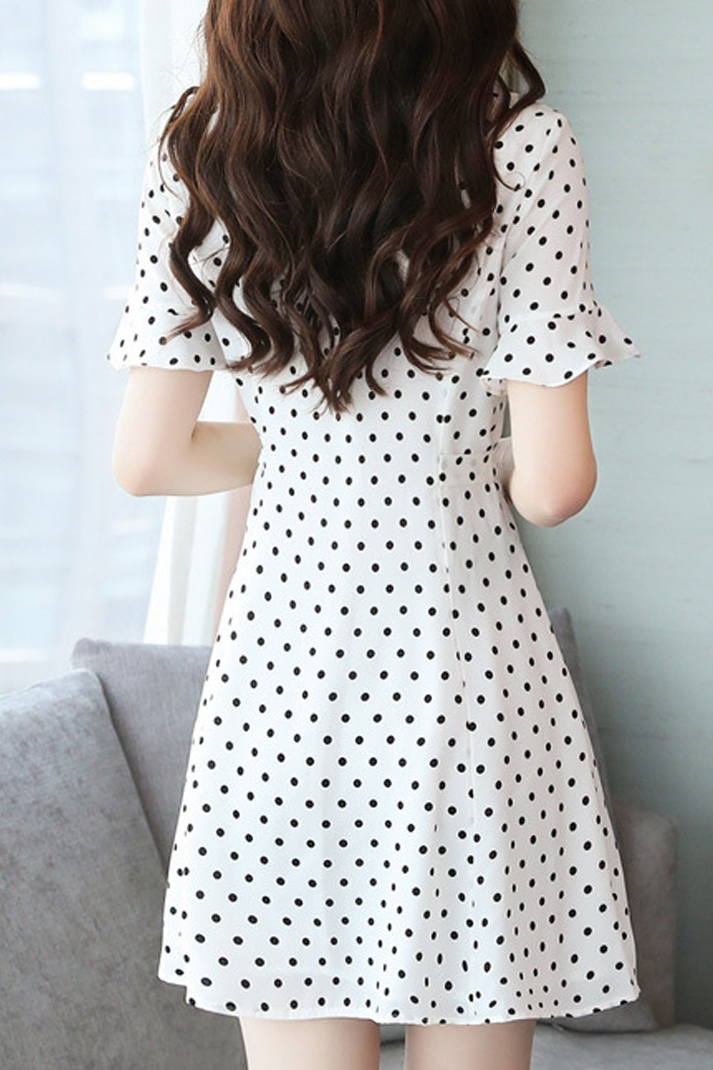 Women Wonderful Short Sleeve Breathable Polka Dotted V-Neck Outstanding Fashion Dress