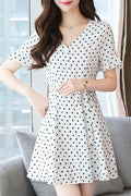 Women Wonderful Short Sleeve Breathable Polka Dotted V-Neck Outstanding Fashion Dress