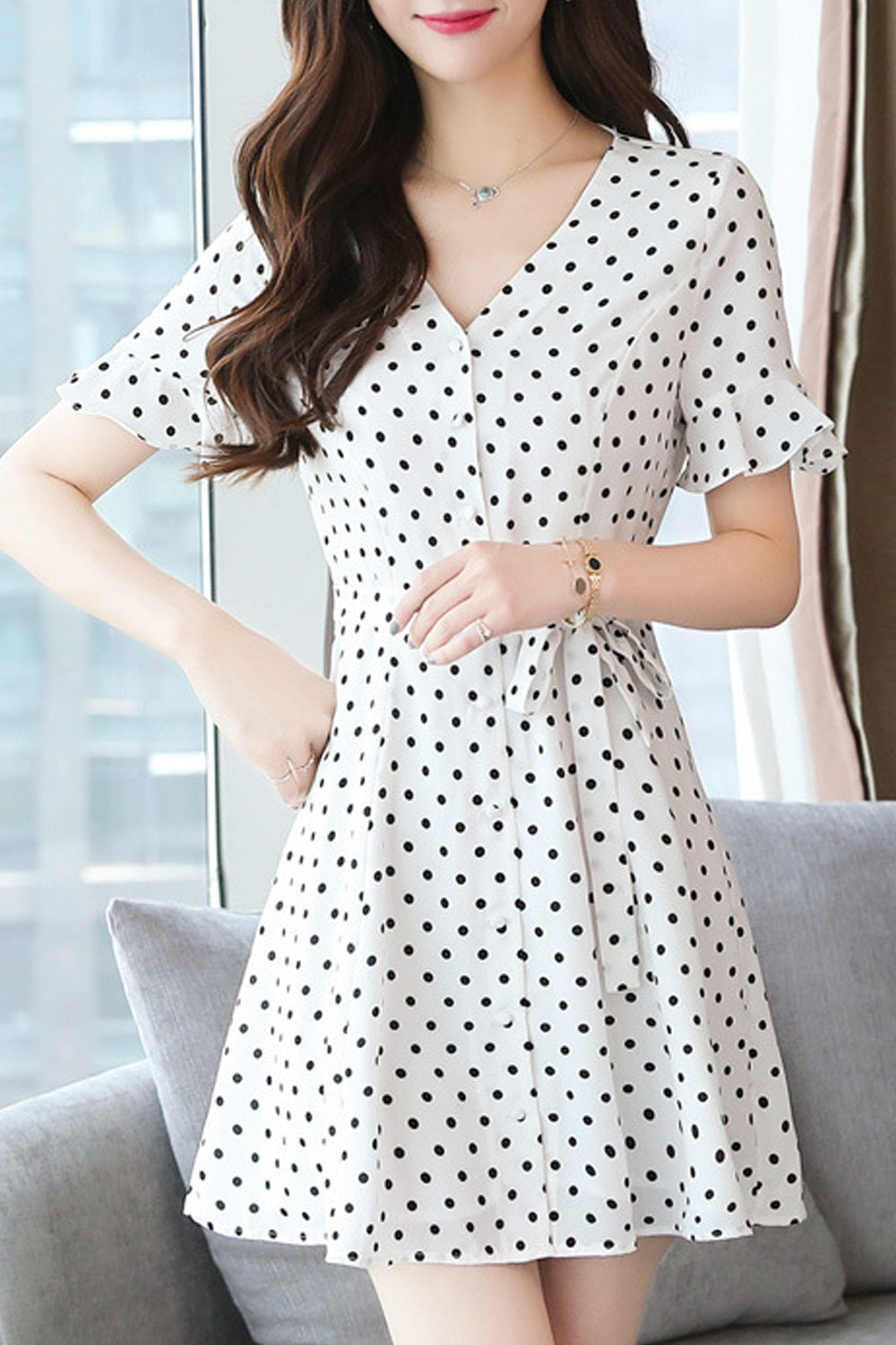 Women Wonderful Short Sleeve Breathable Polka Dotted V-Neck Outstanding Fashion Dress