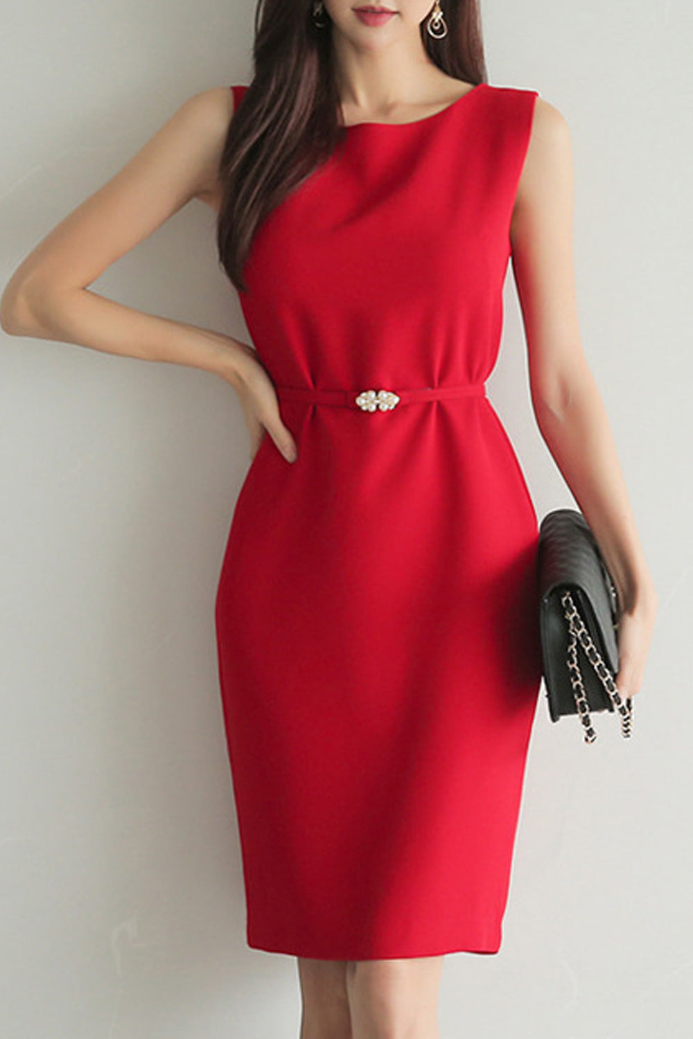Women Knee Length Solid Pattern Summer Outing Sleeveless Dress