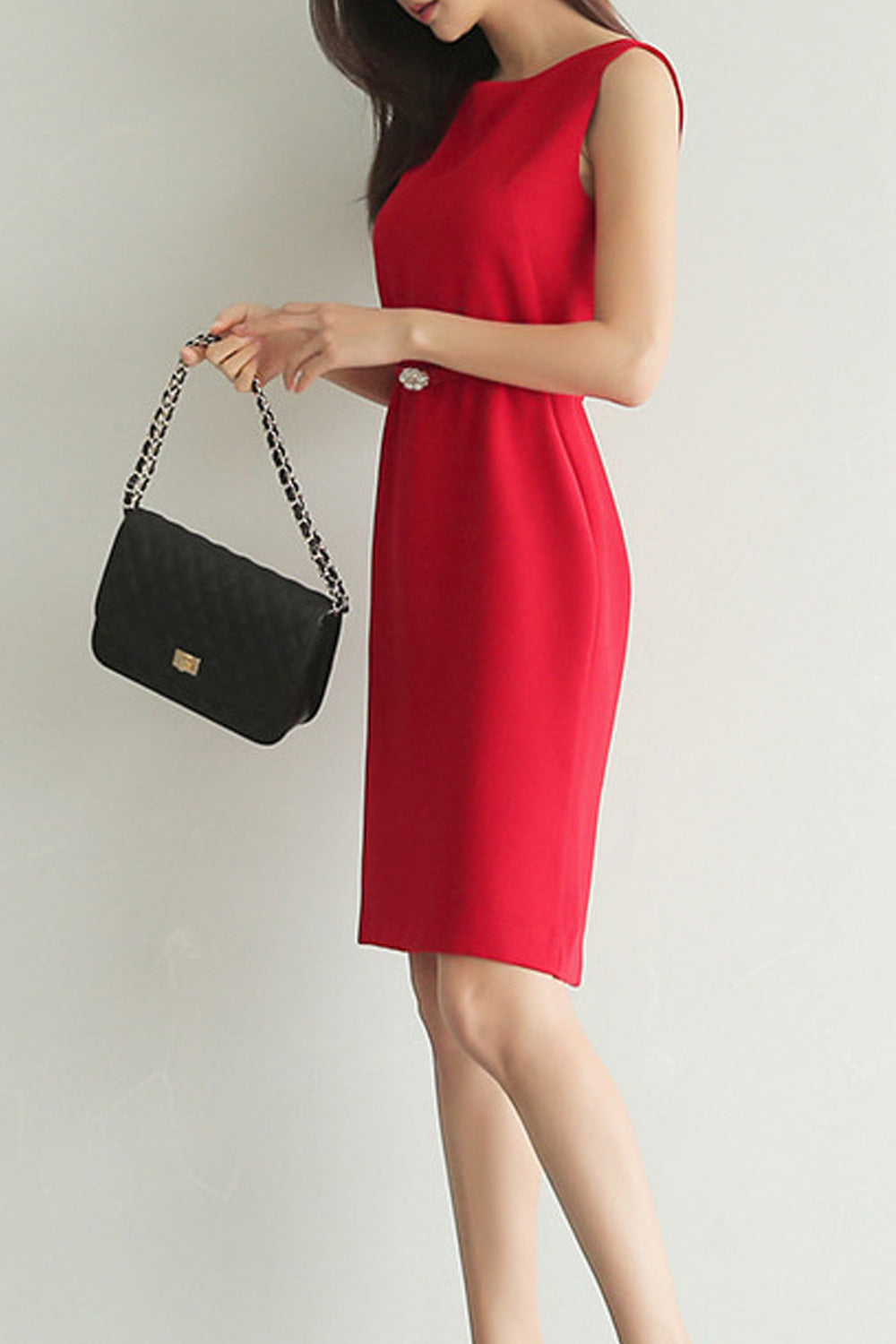 Women Knee Length Solid Pattern Summer Outing Sleeveless Dress