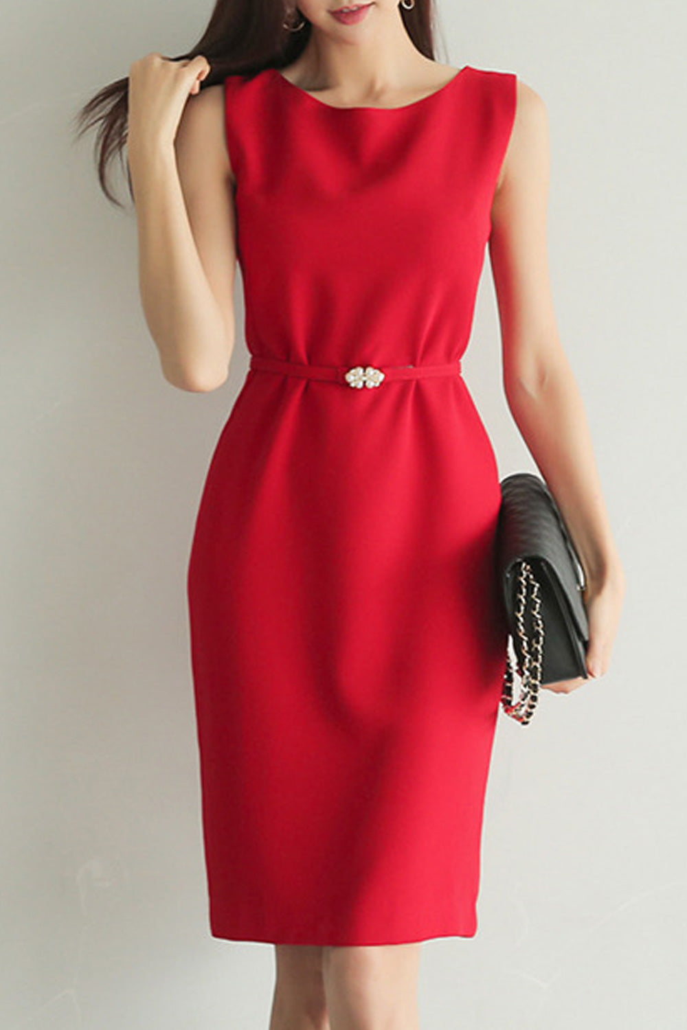 Women Knee Length Solid Pattern Summer Outing Sleeveless Dress