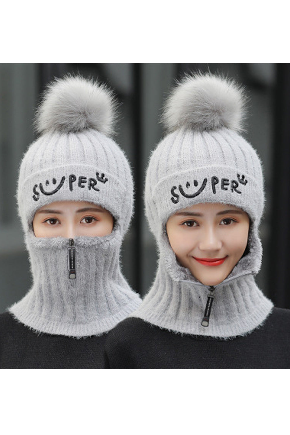 Women Small Zipper Hairball Decoration Casual Warm Knitted Hat