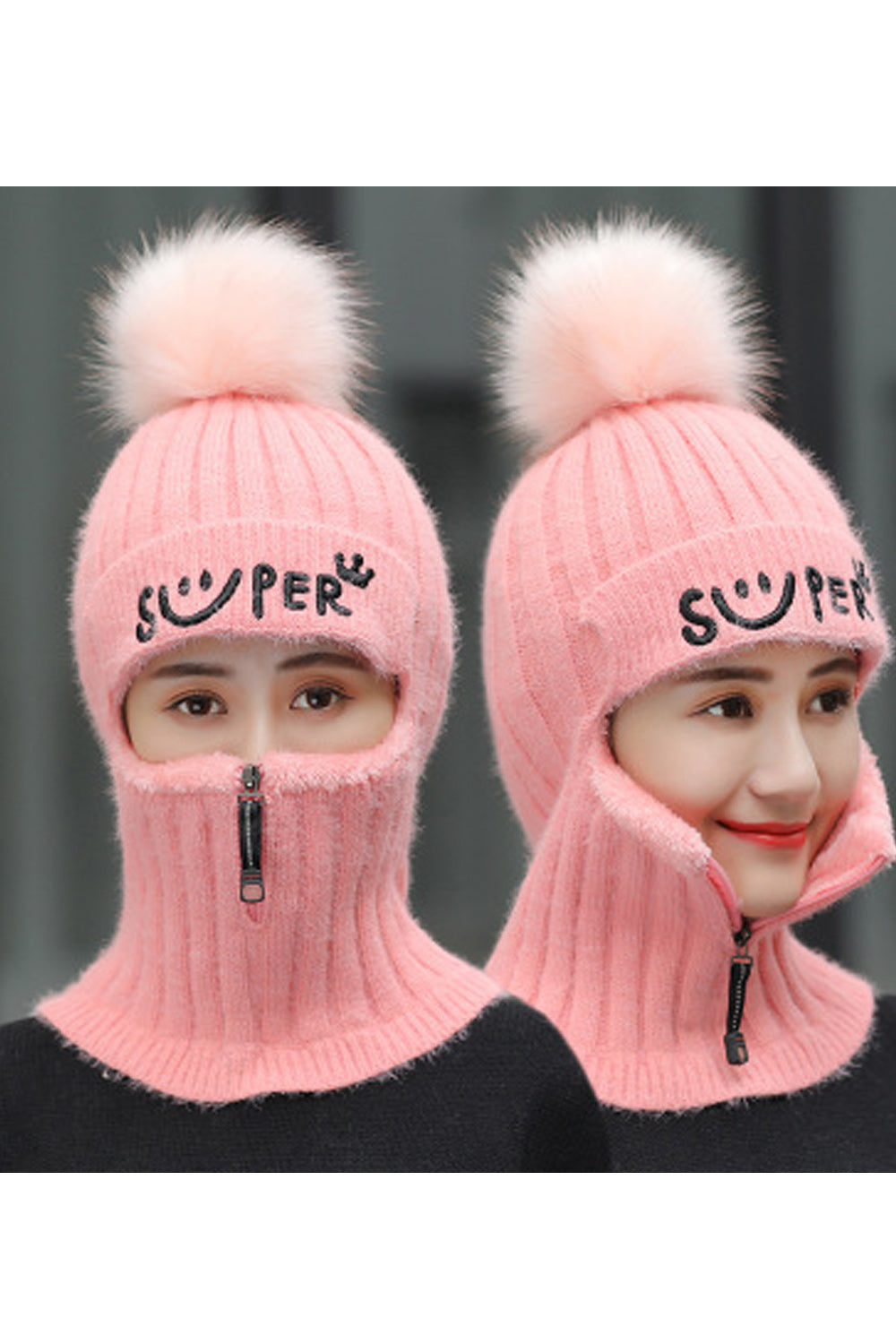 Women Small Zipper Hairball Decoration Casual Warm Knitted Hat