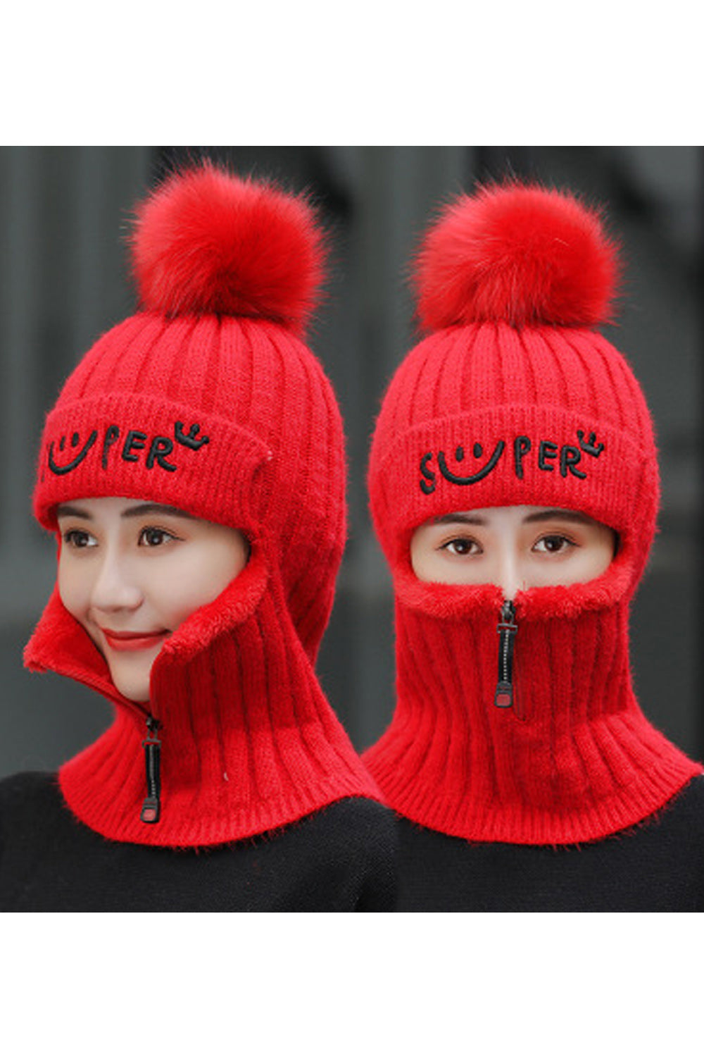 Women Small Zipper Hairball Decoration Casual Warm Knitted Hat