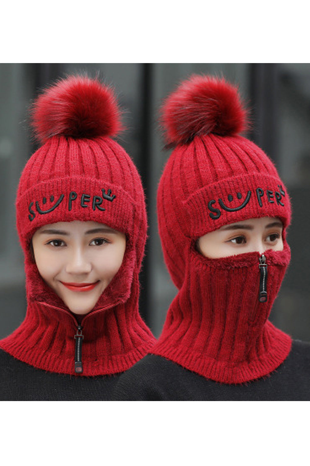 Women Small Zipper Hairball Decoration Casual Warm Knitted Hat