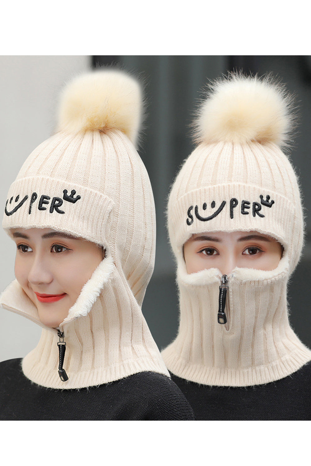 Women Small Zipper Hairball Decoration Casual Warm Knitted Hat