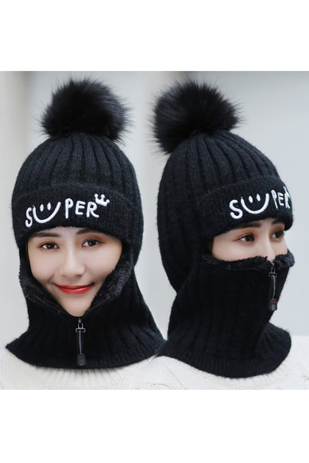 Women Small Zipper Hairball Decoration Casual Warm Knitted Hat