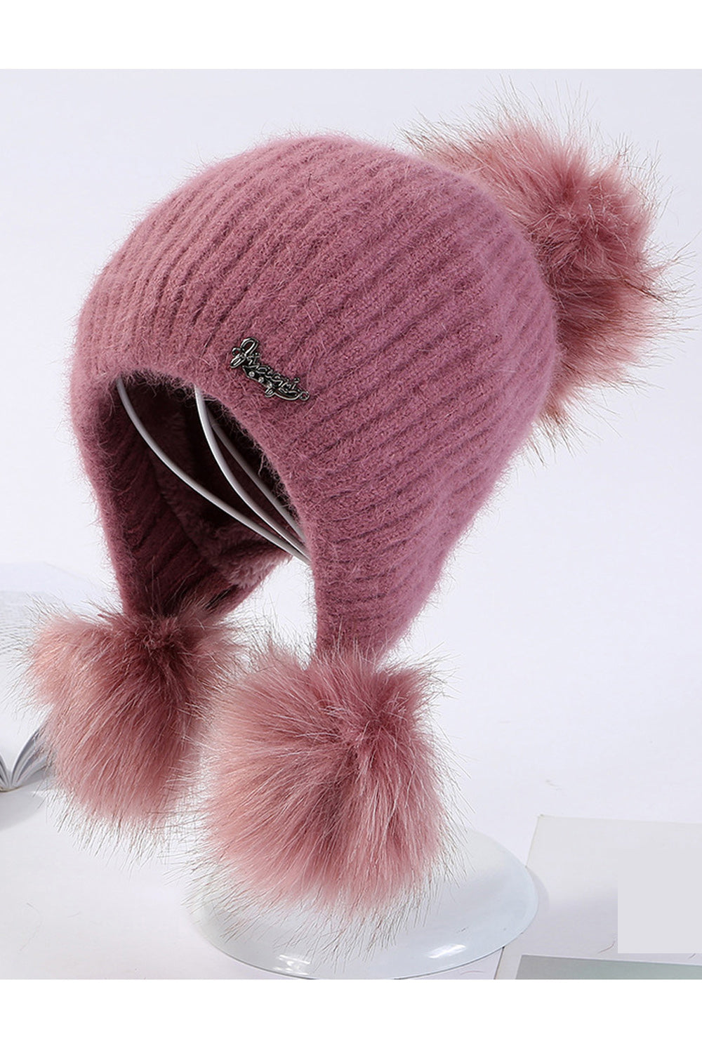 Women Hairball Decorated Earmuffs Casual Knitted Hat