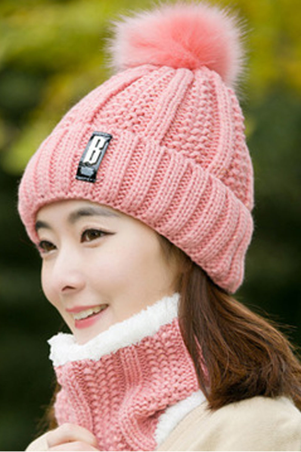 Women Hair Ball Decorated Soft Cozy Solid Pattern Elegant Knitted Hat