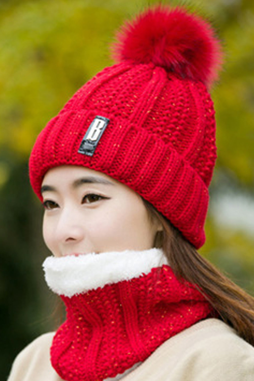 Women Hair Ball Decorated Soft Cozy Solid Pattern Elegant Knitted Hat