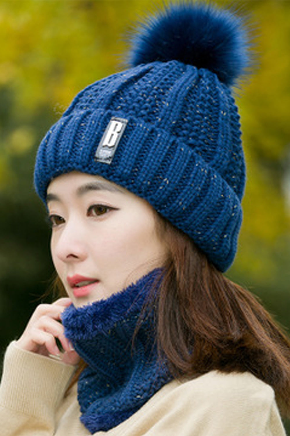 Women Hair Ball Decorated Soft Cozy Solid Pattern Elegant Knitted Hat