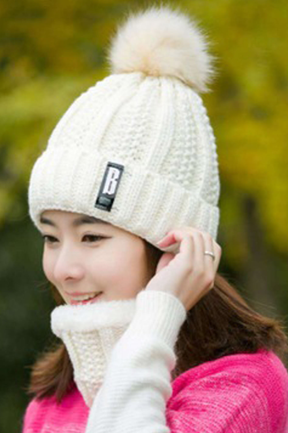 Women Hair Ball Decorated Soft Cozy Solid Pattern Elegant Knitted Hat