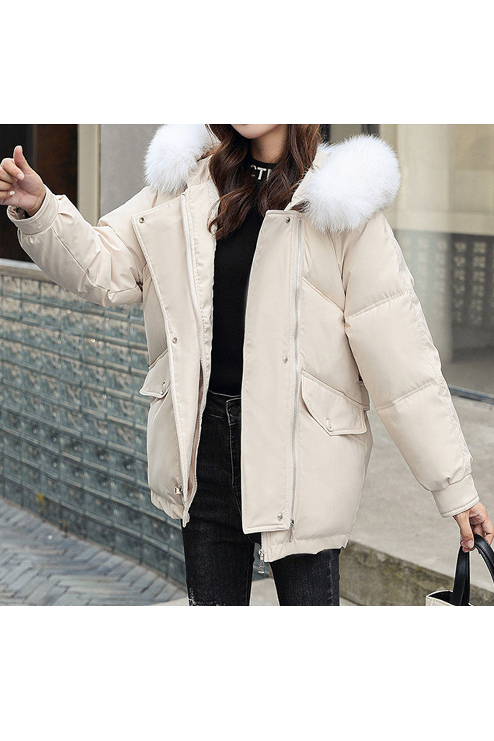 Women Splendid Solid Colored Zipper Closure Cozy Long Sleeve Winter Fur Hat Neck Winter Casual Padded Jacket