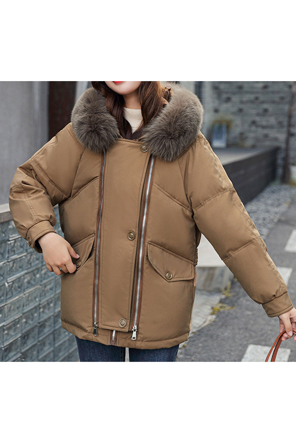 Women Splendid Solid Colored Zipper Closure Cozy Long Sleeve Winter Fur Hat Neck Winter Casual Padded Jacket