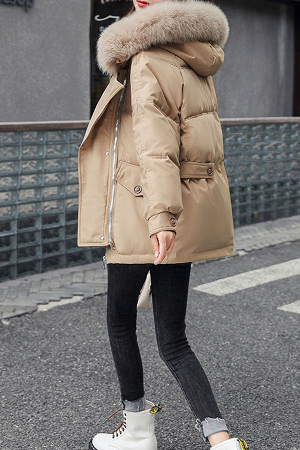 Women Splendid Solid Colored Zipper Closure Cozy Long Sleeve Winter Fur Hat Neck Winter Casual Padded Jacket