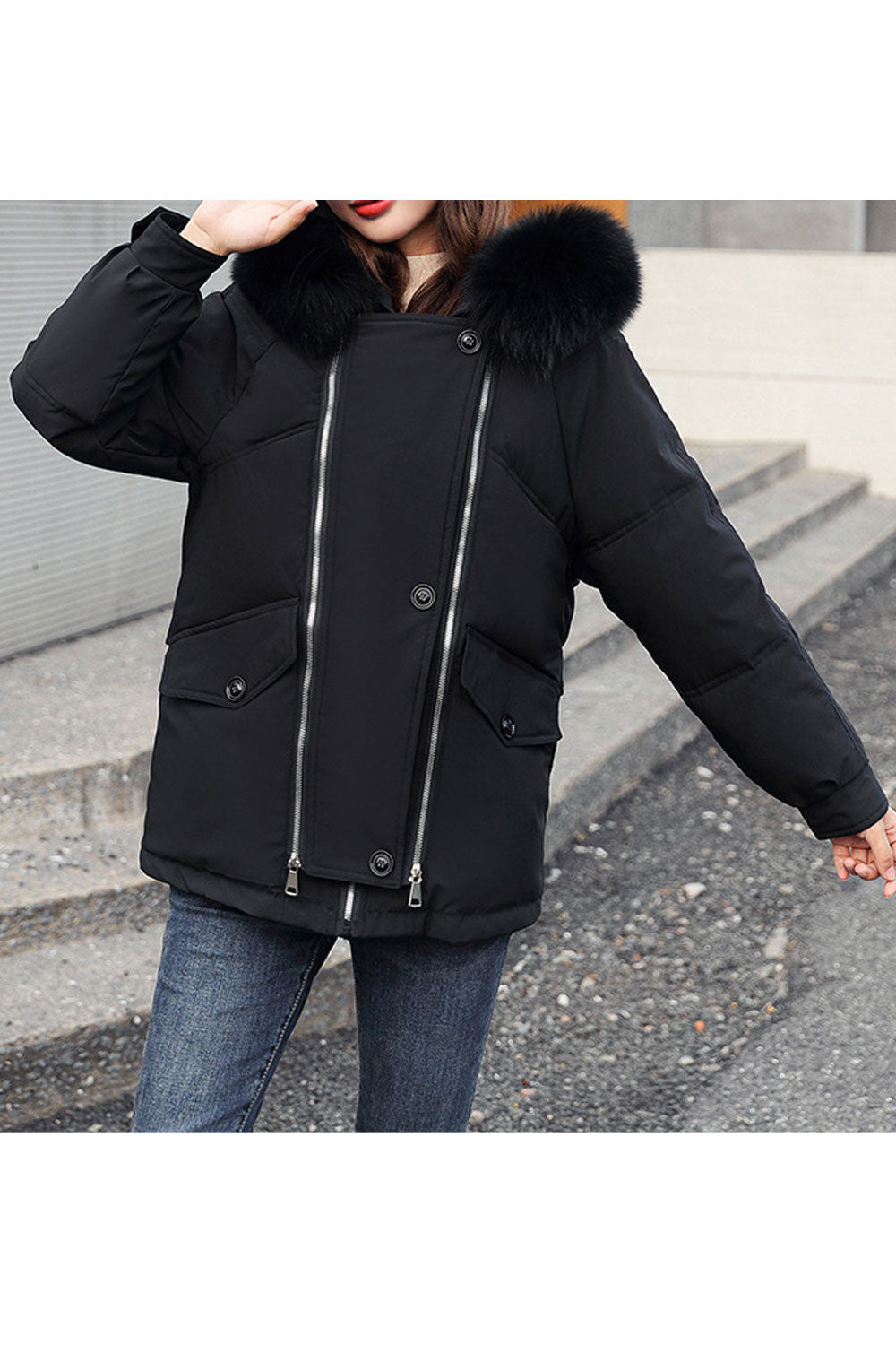 Women Splendid Solid Colored Zipper Closure Cozy Long Sleeve Winter Fur Hat Neck Winter Casual Padded Jacket