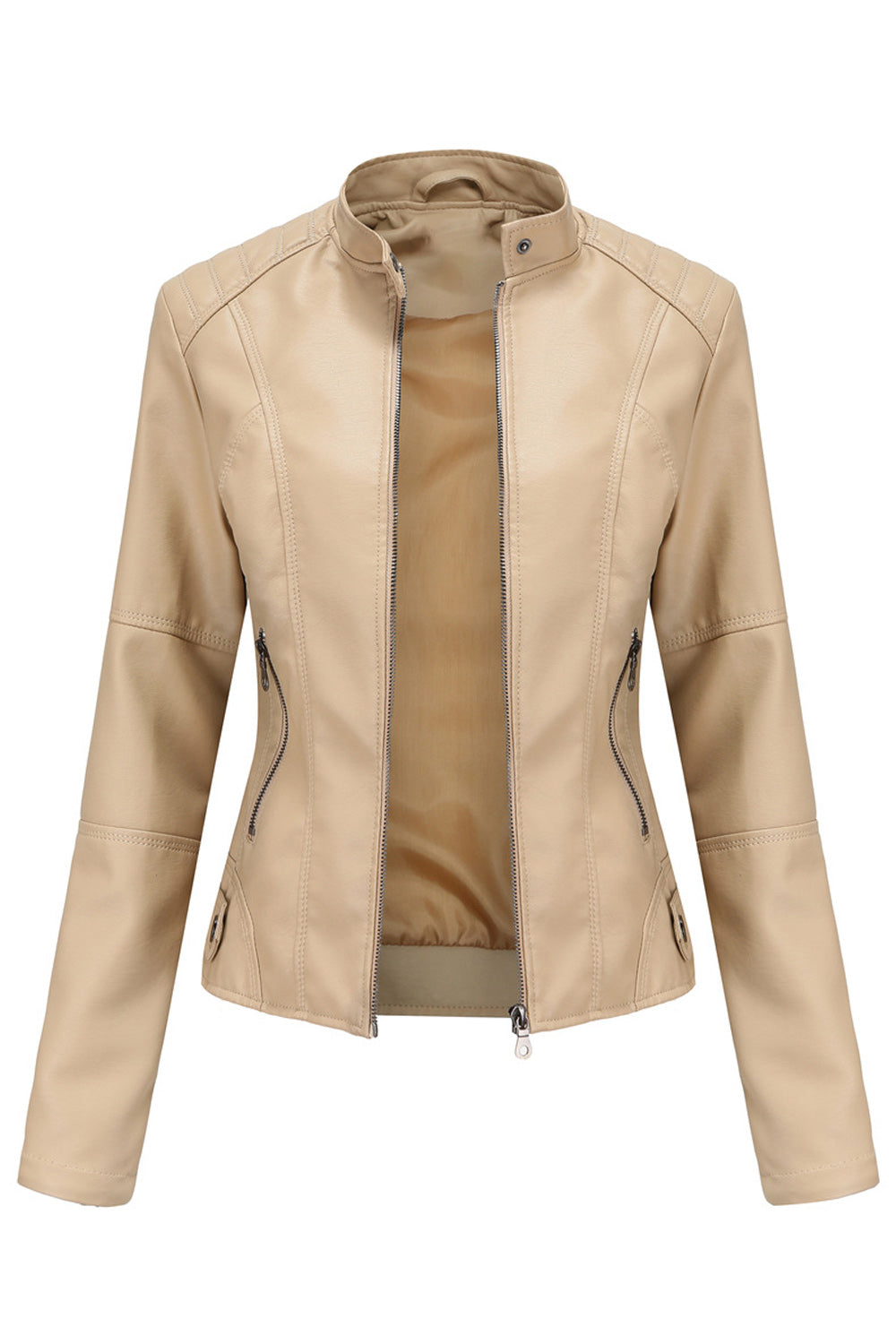 Women Fashionable Warm Solid Colored Leather Jacket