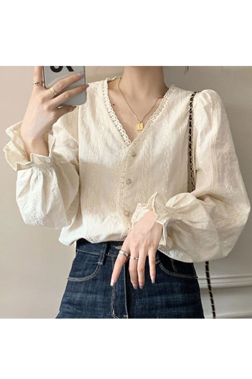 Women Trim Lace V-Neck Button Down Modern Shirt
