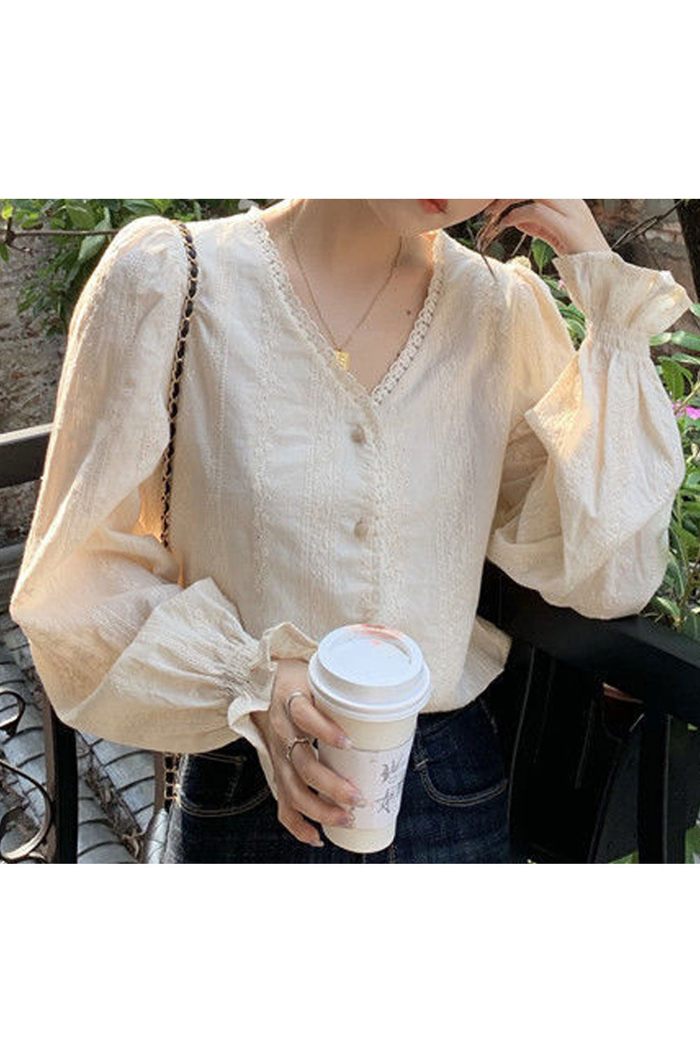 Women Trim Lace V-Neck Button Down Modern Shirt