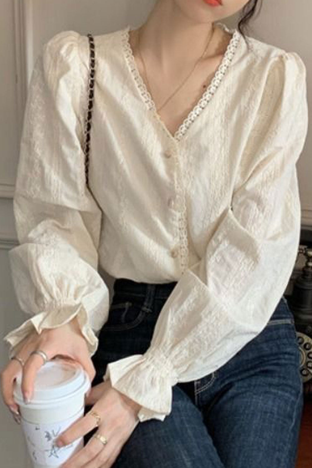 Women Trim Lace V-Neck Button Down Modern Shirt