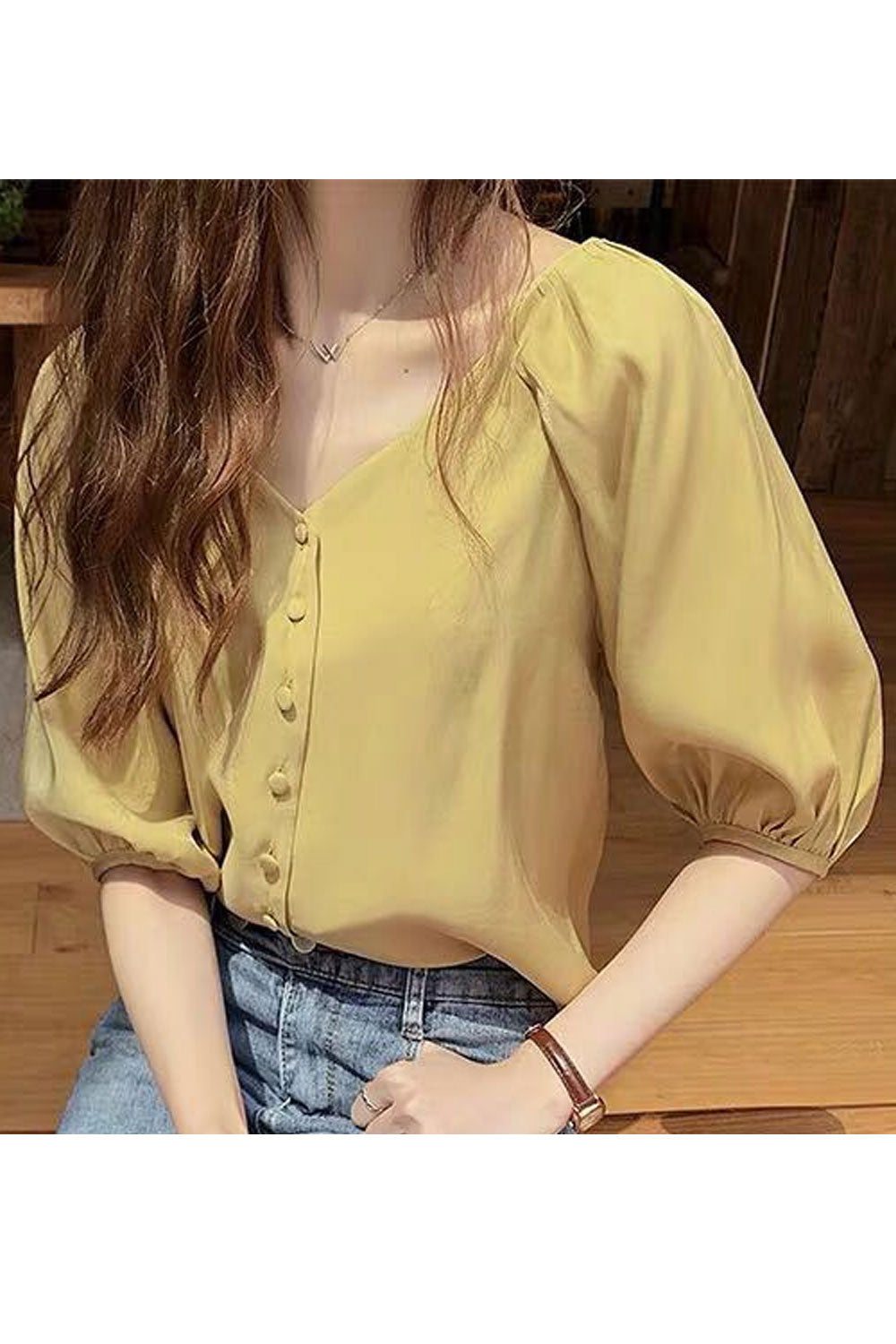 Women Soft Solid Pattern Puff Half Sleeve Beautiful Loose V-Neck Shirt