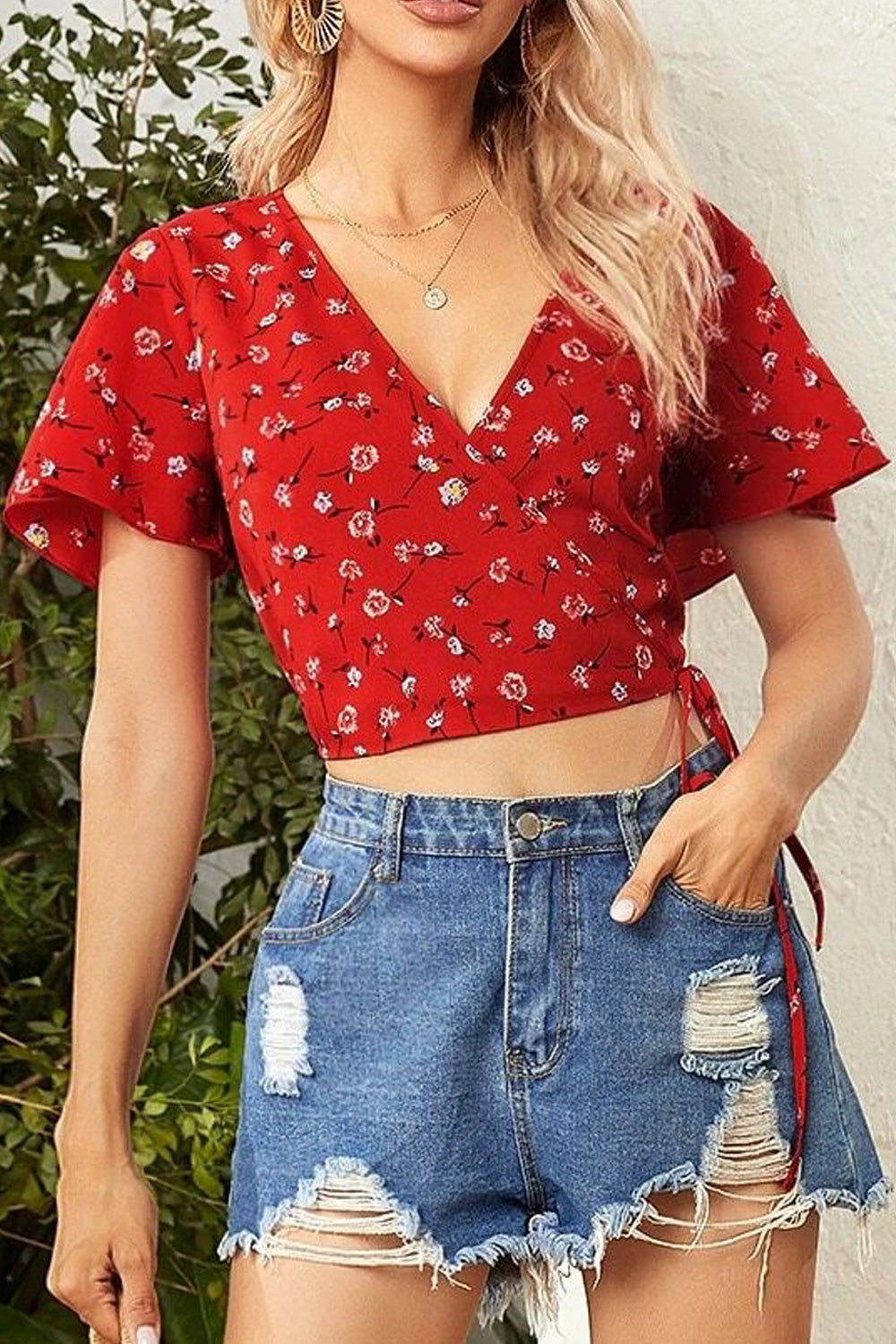 Women Convenient Deep V-Neck Short Sleeve Floral Printed Lightweight Top