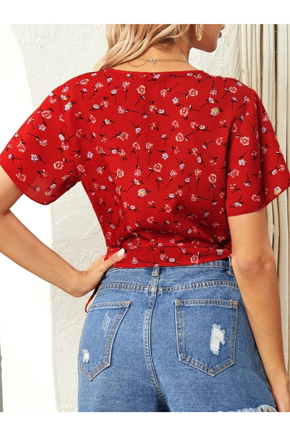 Women Convenient Deep V-Neck Short Sleeve Floral Printed Lightweight Top