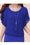Women Round Neck Thin Solid Colored Elegant Casual Chiffon Shirt