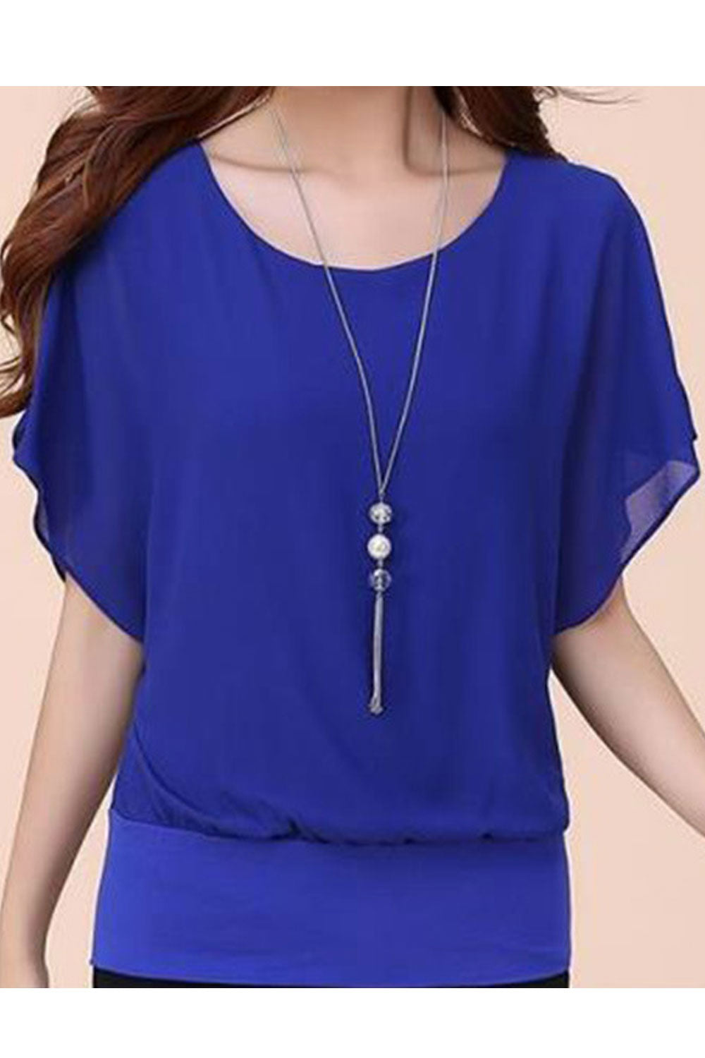 Women Round Neck Thin Solid Colored Elegant Casual Chiffon Shirt