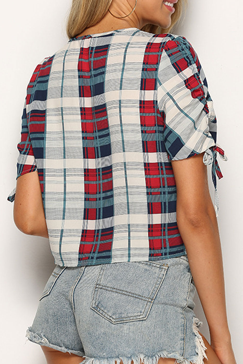 Women V-Neck Wrinkled Bust Short Sleeve Plaid Top