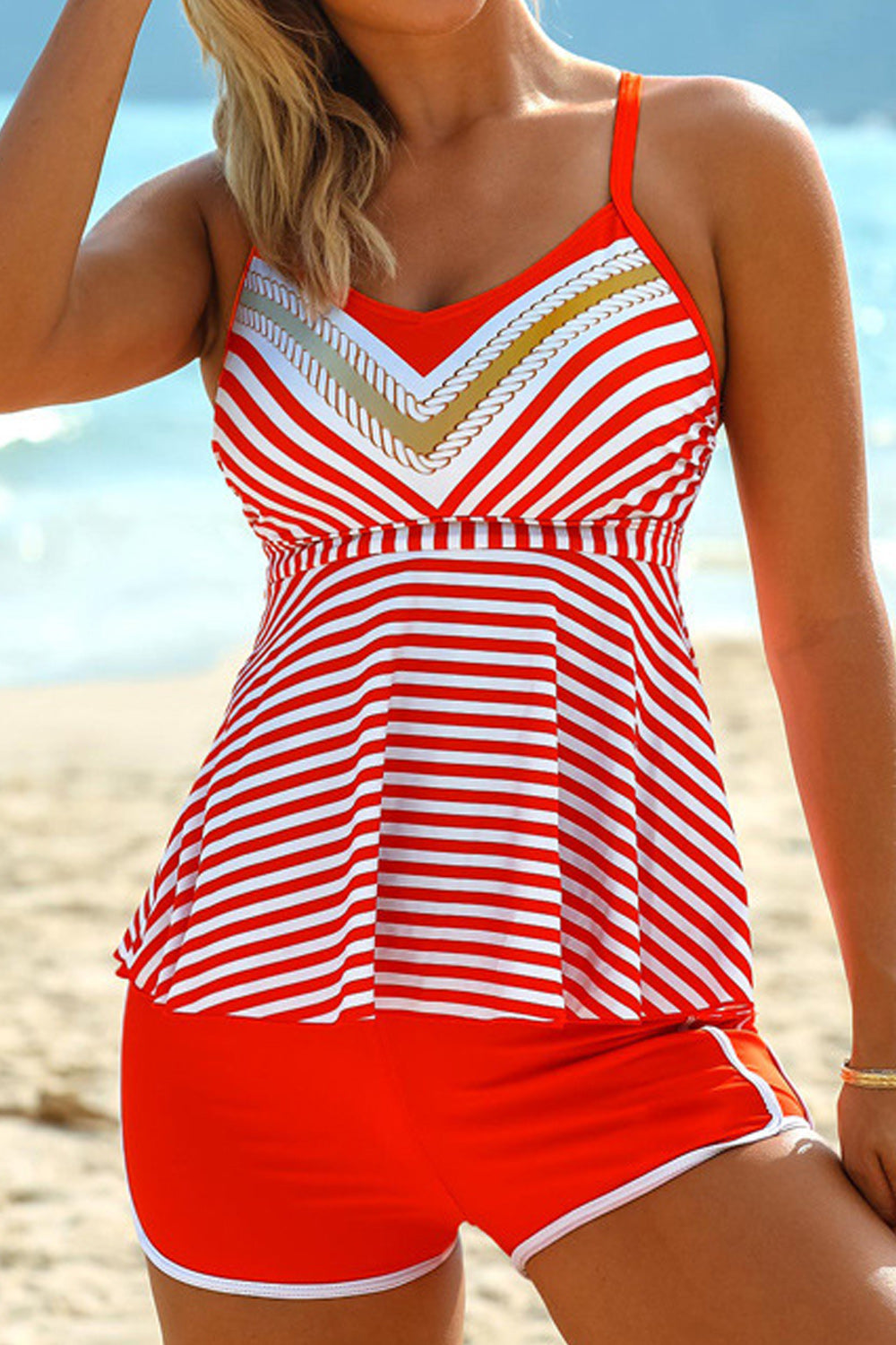 Women Beautiful Striped Pattern Easy Straped Shoulder Breathable Summer Two-Piece Casual ZBSWimwear