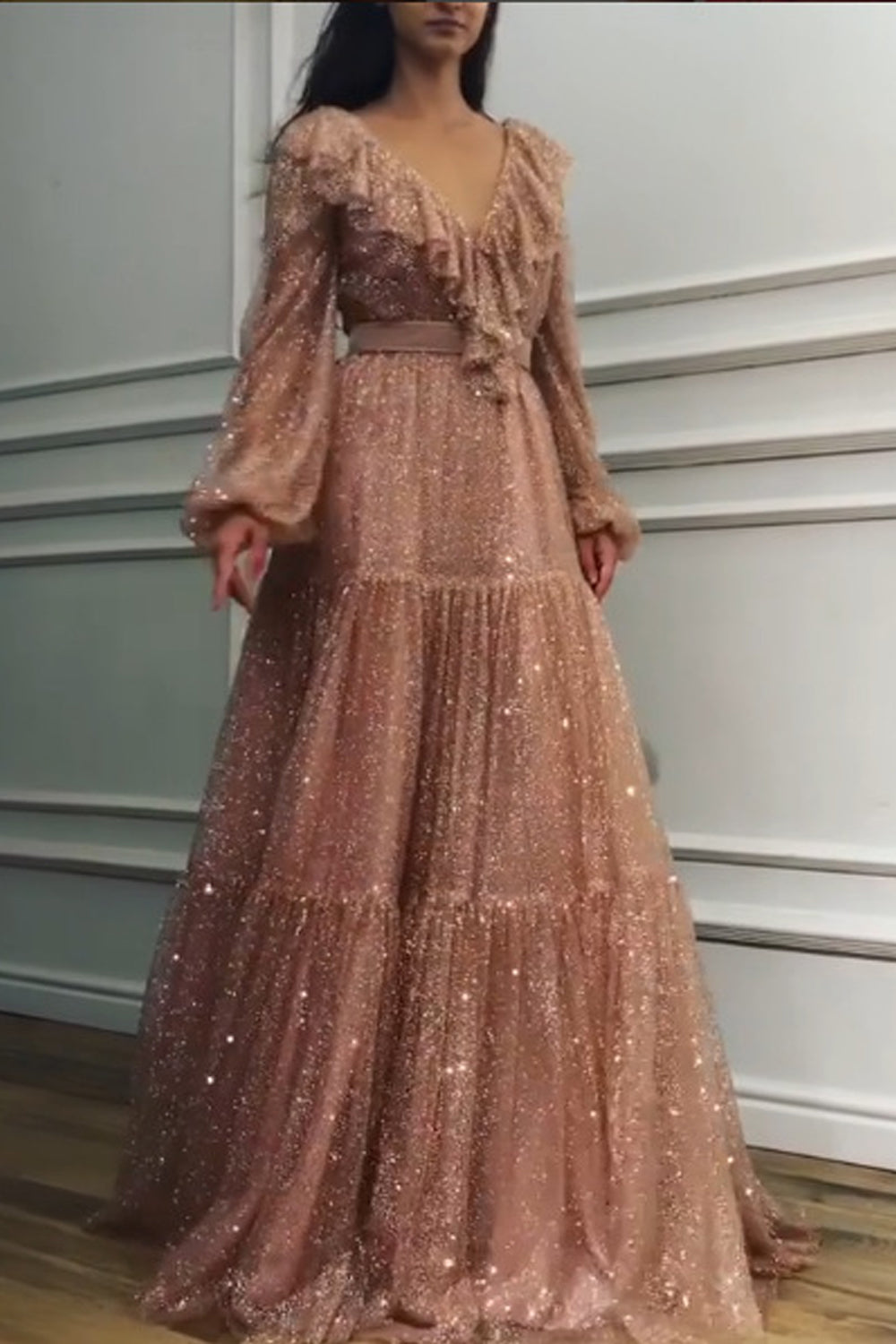Women Ruffled V-Neck Slim Long Wedding Dress