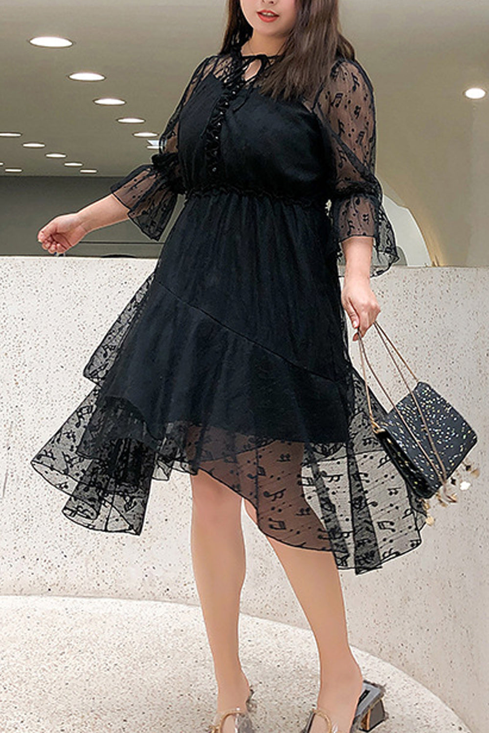Women Plus Lace Embroidered Fashionable Irregular Hem Dress