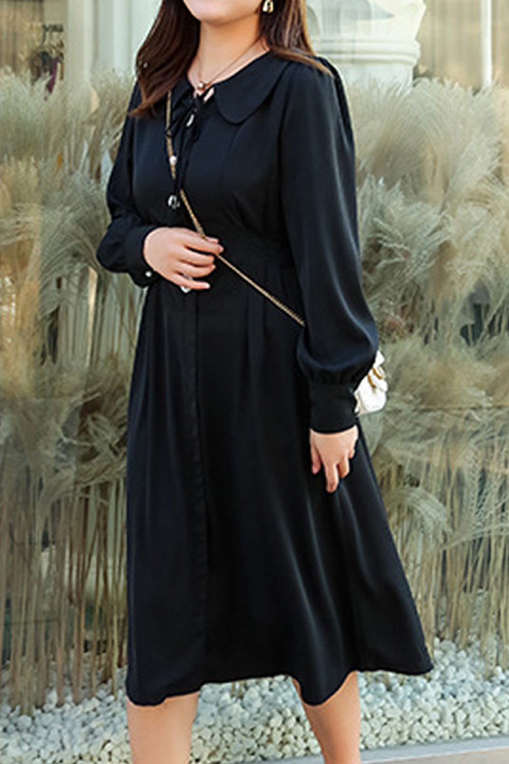 Women Plus Soft Long Sleeve Collar Neck Stylish Trendy Dress