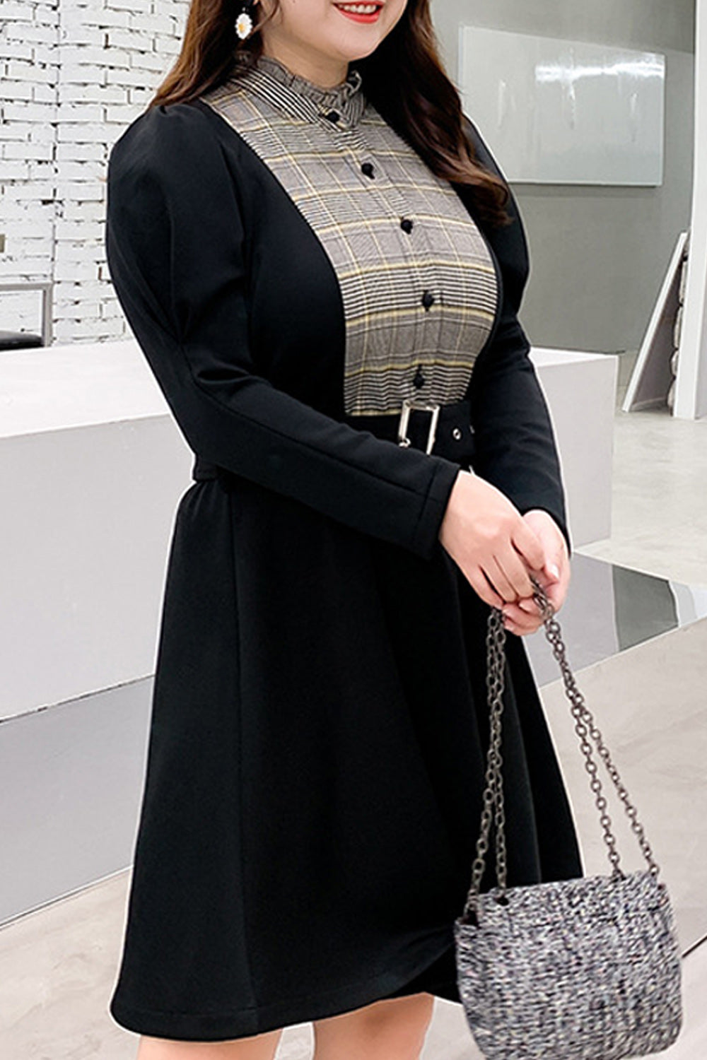 Women Plus Long Sleeve Collar Neck Button Closure Easy Dress