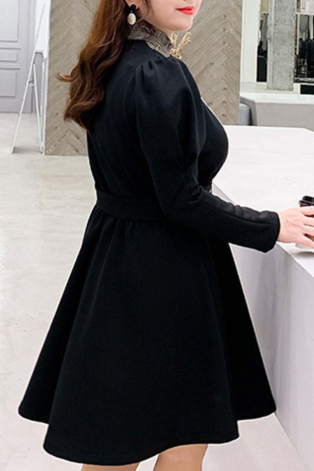 Women Plus Long Sleeve Collar Neck Button Closure Easy Dress