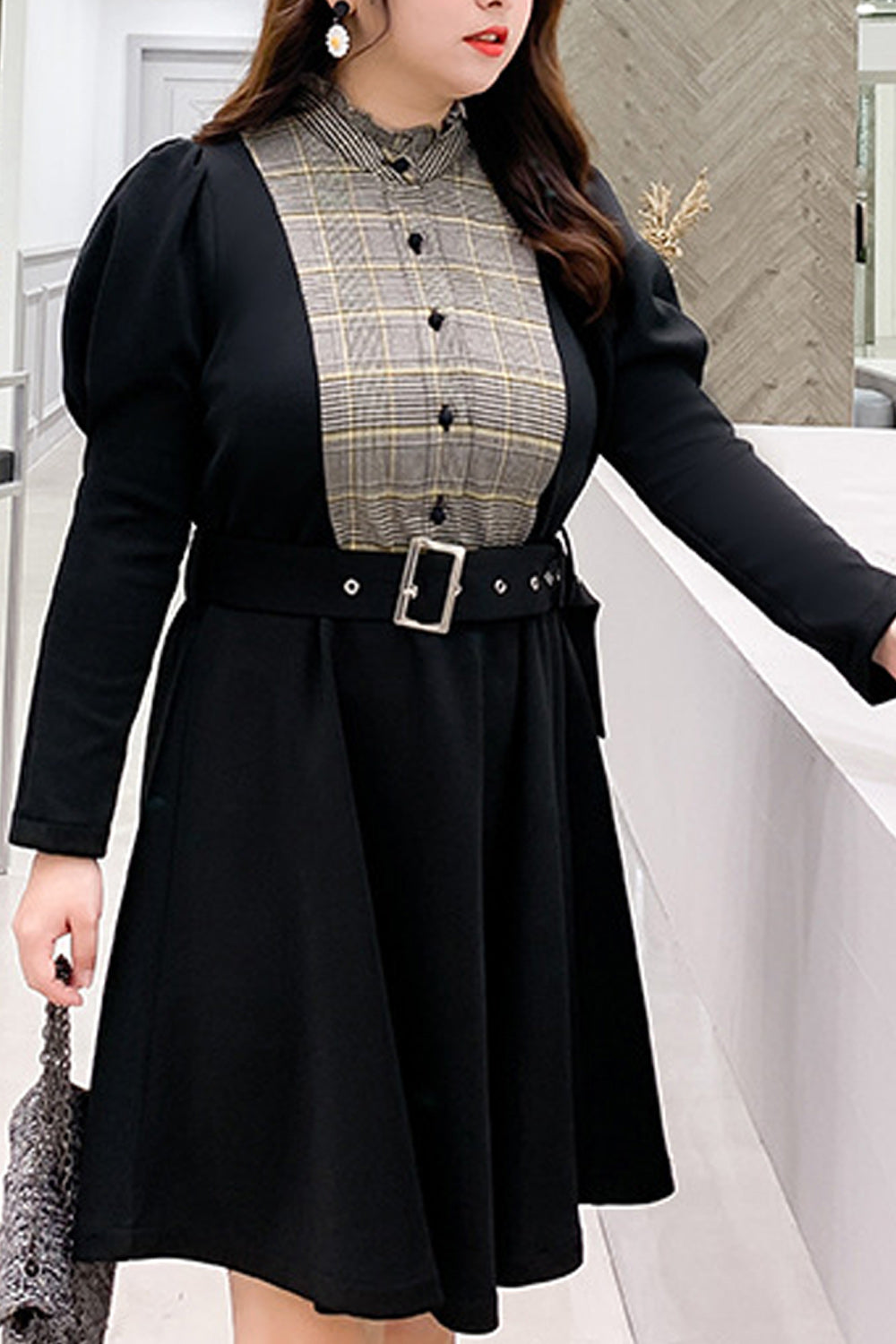 Women Plus Long Sleeve Collar Neck Button Closure Easy Dress