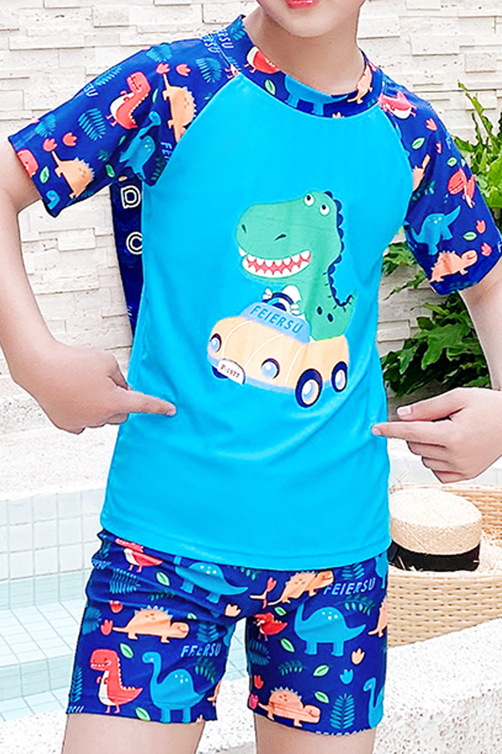 Kids Boys Cute Cartoon Printed Short Sleeve Summer Two Piece Elastic Waist Soft Swimwear