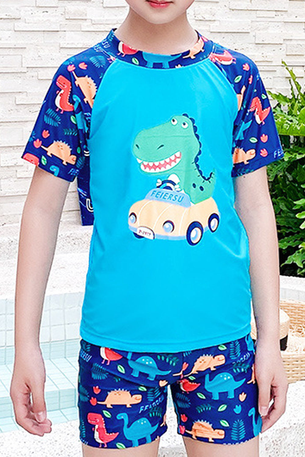 Kids Boys Cute Cartoon Printed Short Sleeve Summer Two Piece Elastic Waist Soft Swimwear