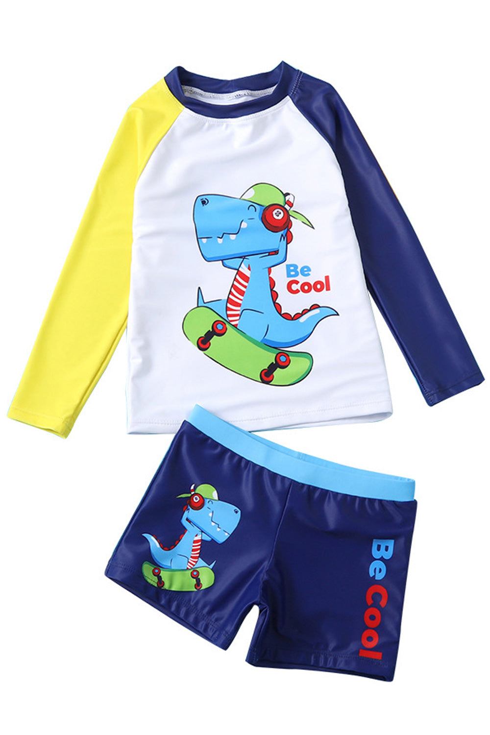 Kids Boys Dinosaur Printed Elastic Waist Long Sleeve Two Piece Breathable Cute Swimwear Set