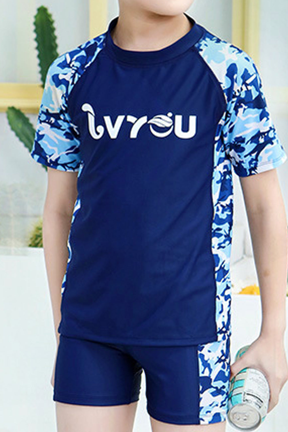 Kids Boys Short Sleeve Stylish Printed Pattern Three Piece Summer Swimwear Set