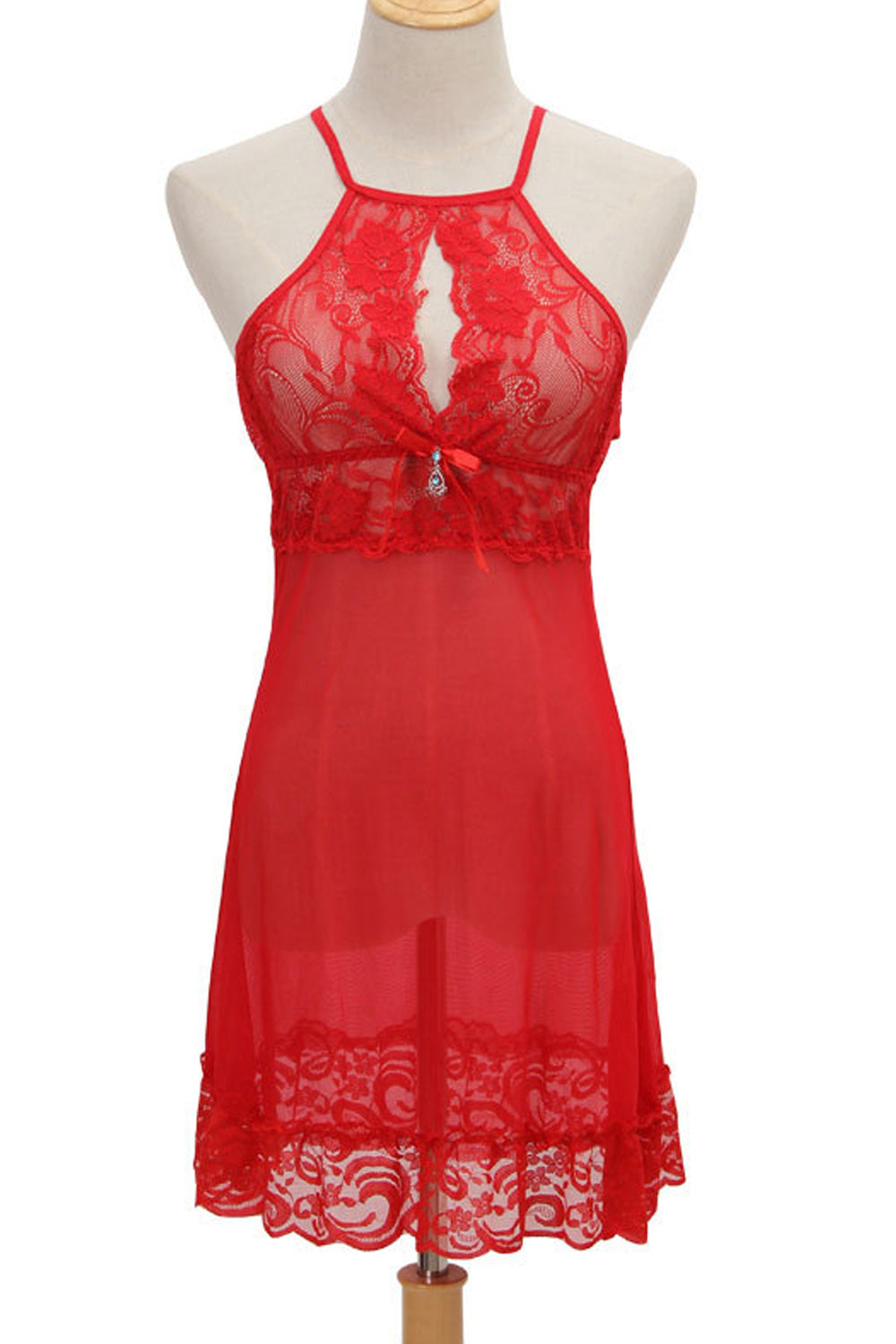 Women Blackish Colored Elegant Style Halter Neck Lace Hem Lingerie
